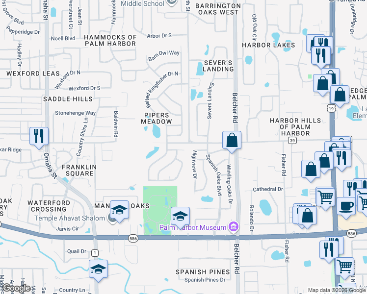map of restaurants, bars, coffee shops, grocery stores, and more near 1879 Nuthatch Way in Palm Harbor