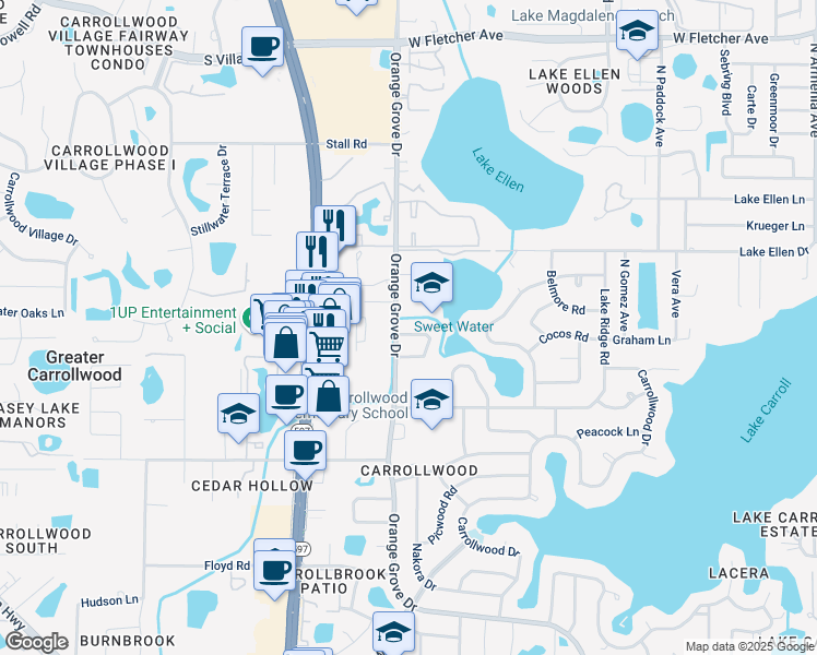 map of restaurants, bars, coffee shops, grocery stores, and more near 11727 Phoenix Circle in Greater Carrollwood