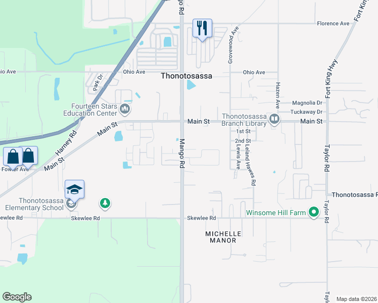 map of restaurants, bars, coffee shops, grocery stores, and more near 11721 County Road 579 in Thonotosassa
