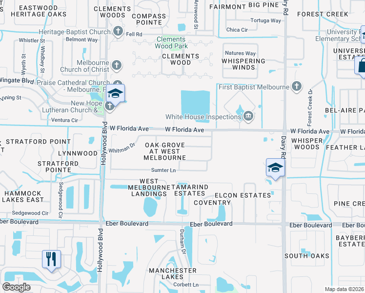 map of restaurants, bars, coffee shops, grocery stores, and more near 1482 Payette Lane in West Melbourne