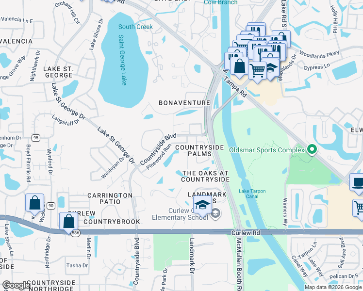 map of restaurants, bars, coffee shops, grocery stores, and more near 2988 Pinewood Run in Palm Harbor