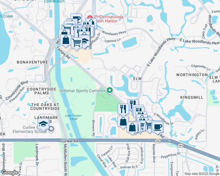 map of restaurants, bars, coffee shops, grocery stores, and more near 144 Lakeside Drive in Oldsmar
