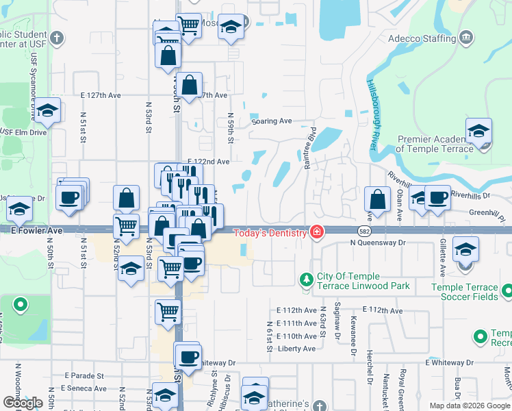 map of restaurants, bars, coffee shops, grocery stores, and more near 11714 Raintree Village Boulevard in Temple Terrace