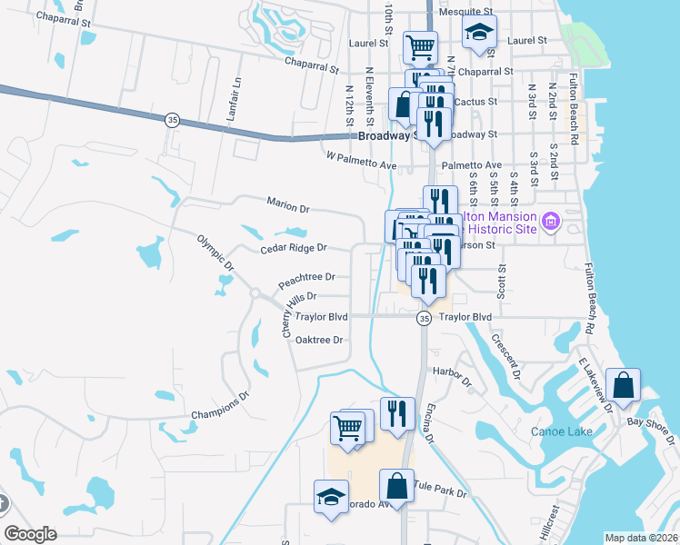 map of restaurants, bars, coffee shops, grocery stores, and more near 104 Peachtree Drive in Rockport