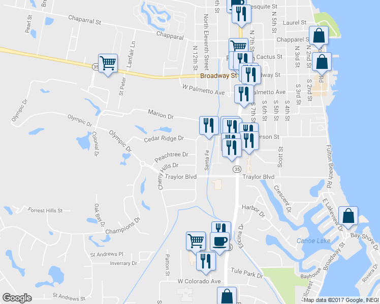 map of restaurants, bars, coffee shops, grocery stores, and more near 104 Peachtree Drive in Rockport