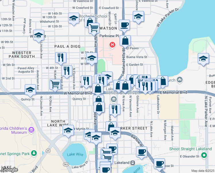 map of restaurants, bars, coffee shops, grocery stores, and more near 1020 North Kentucky Avenue in Lakeland