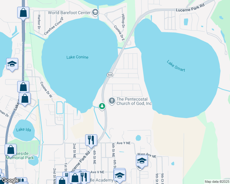 map of restaurants, bars, coffee shops, grocery stores, and more near 507 Lake Smart Boulevard in Winter Haven