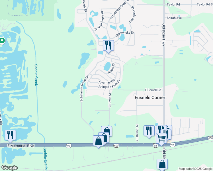 map of restaurants, bars, coffee shops, grocery stores, and more near 4528 Arlington Park Drive in Lakeland
