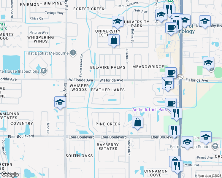 map of restaurants, bars, coffee shops, grocery stores, and more near 684 Sandpiper Circle in Melbourne