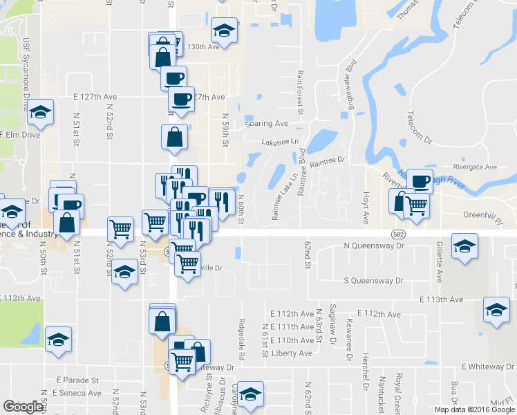 map of restaurants, bars, coffee shops, grocery stores, and more near 11714 Raintree Village Boulevard in Temple Terrace
