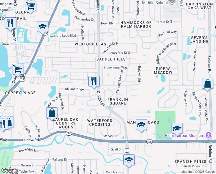 map of restaurants, bars, coffee shops, grocery stores, and more near 844 Franklin Circle in Palm Harbor