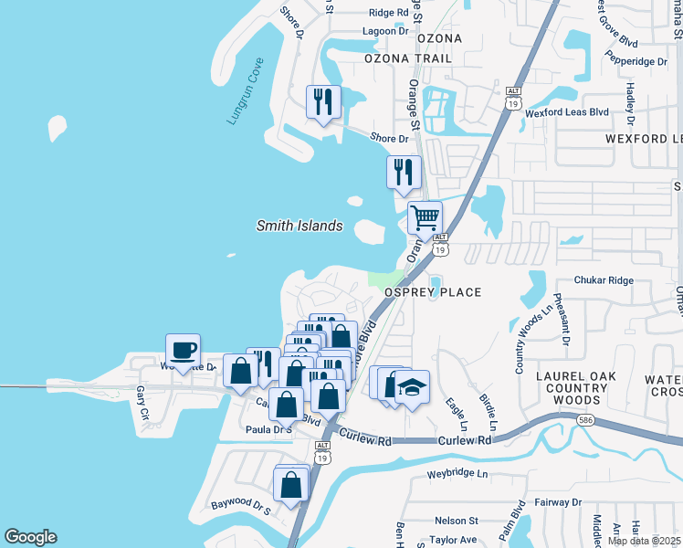 map of restaurants, bars, coffee shops, grocery stores, and more near 2700 Bayshore Boulevard in Dunedin
