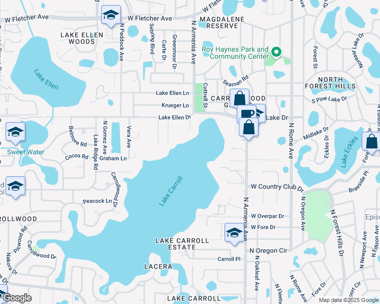 map of restaurants, bars, coffee shops, grocery stores, and more near 2522 Lake Ellen Drive in Tampa