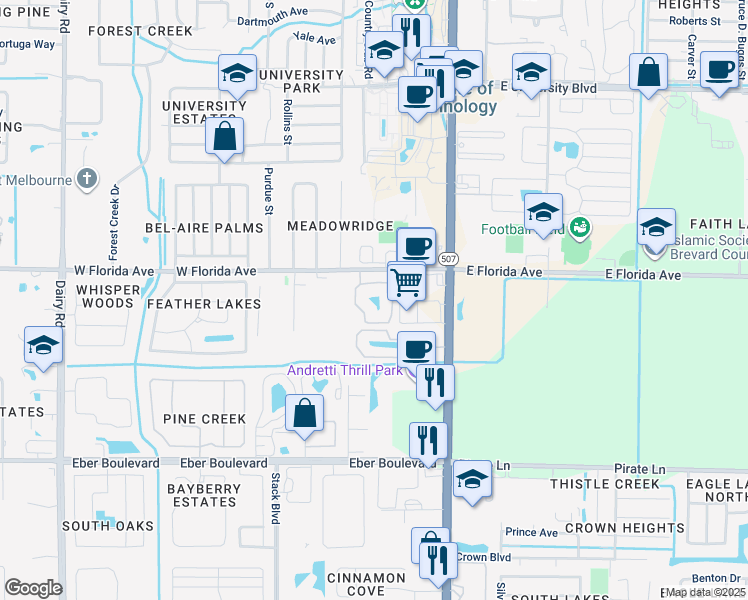 map of restaurants, bars, coffee shops, grocery stores, and more near 3502 D'Avinci Way in Melbourne