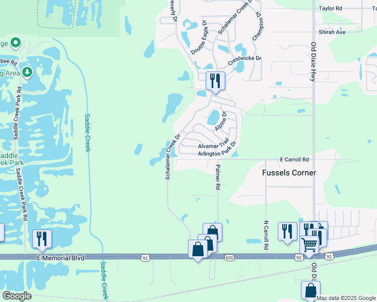 map of restaurants, bars, coffee shops, grocery stores, and more near 4513 Arlington Park Drive in Lakeland