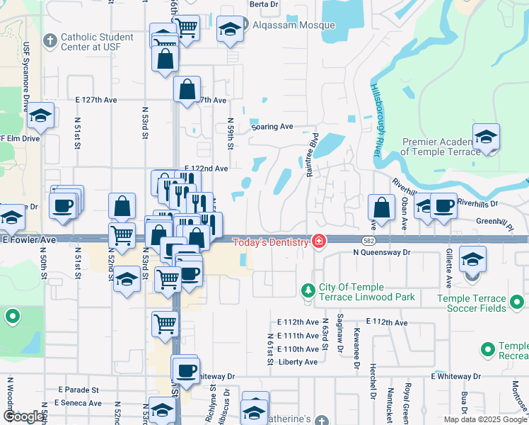 map of restaurants, bars, coffee shops, grocery stores, and more near 11714 Raintree Village Boulevard in Temple Terrace