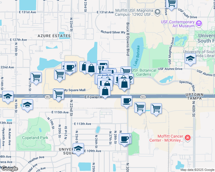 map of restaurants, bars, coffee shops, grocery stores, and more near 2618 East Fowler Avenue in Tampa