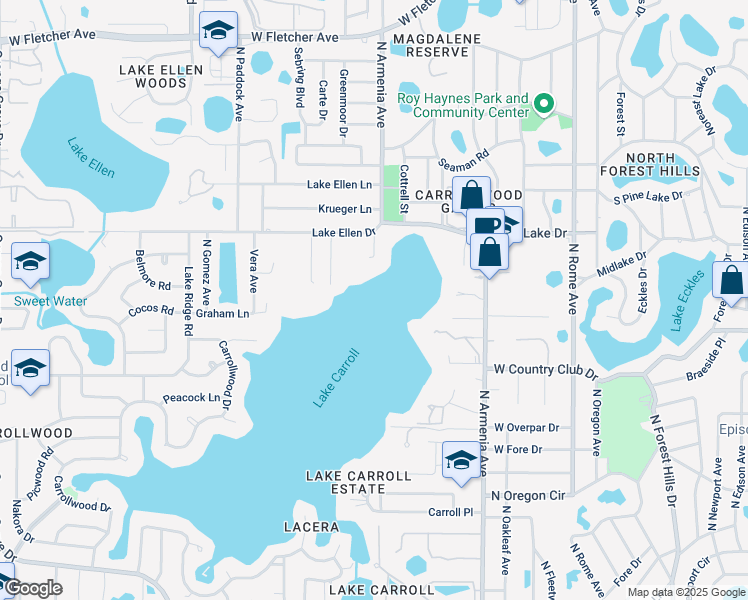 map of restaurants, bars, coffee shops, grocery stores, and more near 2522 Lake Ellen Drive in Tampa