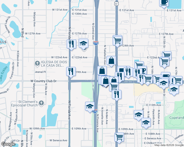map of restaurants, bars, coffee shops, grocery stores, and more near 319 East 119th Avenue in Tampa