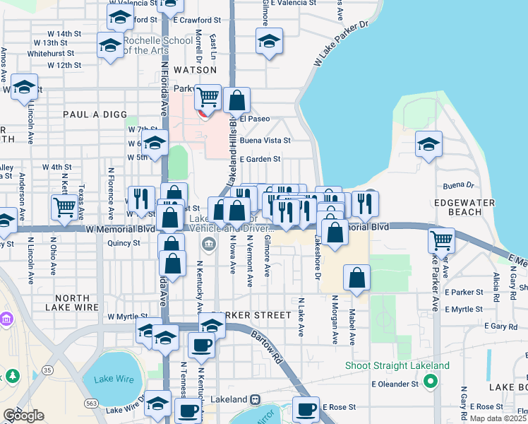 map of restaurants, bars, coffee shops, grocery stores, and more near 1027 Gilmore Avenue in Lakeland