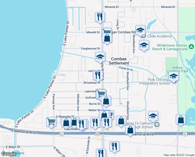 map of restaurants, bars, coffee shops, grocery stores, and more near 1012 North Combee Road in Lakeland