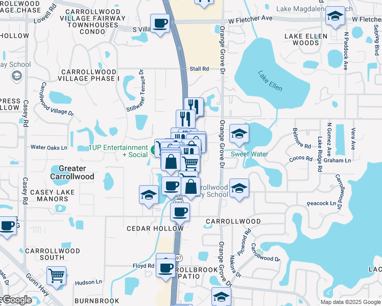map of restaurants, bars, coffee shops, grocery stores, and more near 11801 North Dale Mabry Highway in Tampa
