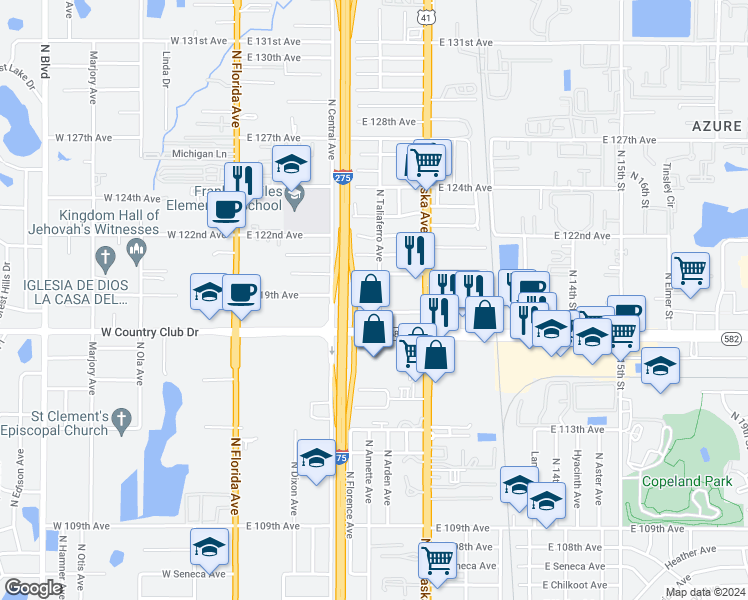 map of restaurants, bars, coffee shops, grocery stores, and more near 709 East 119th Avenue in Tampa