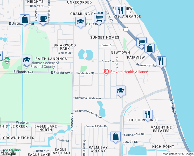 map of restaurants, bars, coffee shops, grocery stores, and more near 2270 Monroe Street in Palm Bay
