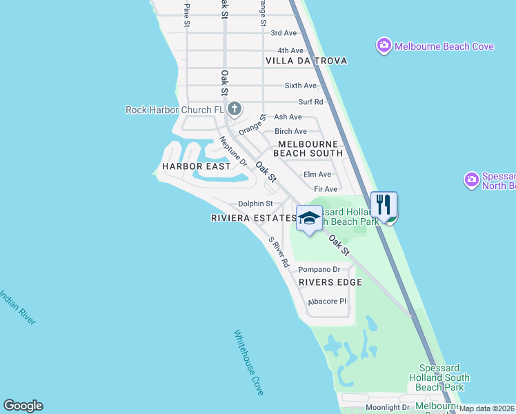 map of restaurants, bars, coffee shops, grocery stores, and more near 477 Dolphin Street in Melbourne Beach