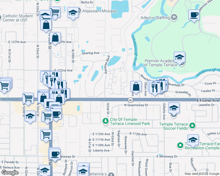 map of restaurants, bars, coffee shops, grocery stores, and more near 11738 Raintree Drive in Tampa