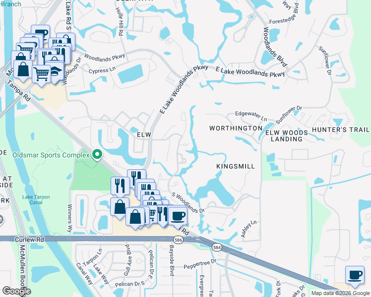 map of restaurants, bars, coffee shops, grocery stores, and more near 40 Sylvia Place in Oldsmar