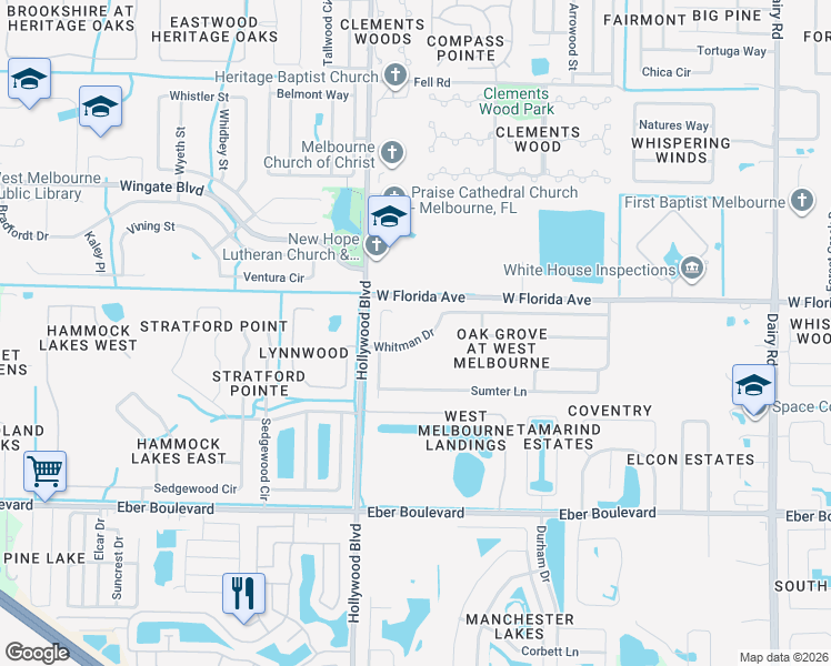 map of restaurants, bars, coffee shops, grocery stores, and more near 1711 Whitman Drive in Melbourne