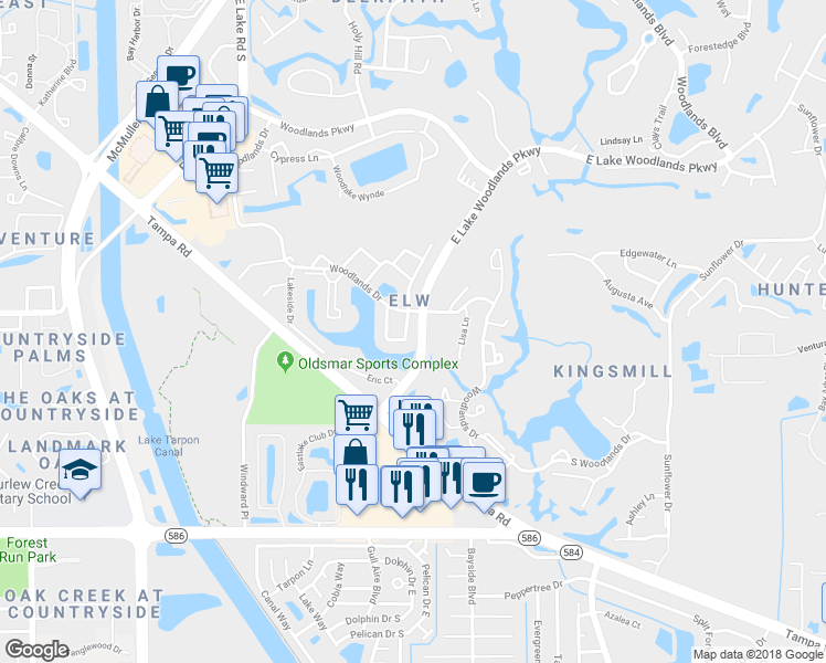 map of restaurants, bars, coffee shops, grocery stores, and more near 123 Nina Way in Oldsmar