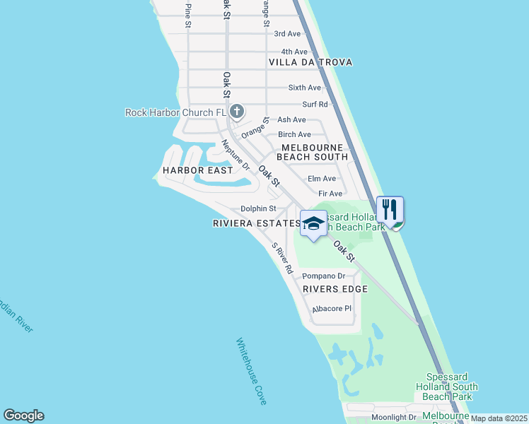 map of restaurants, bars, coffee shops, grocery stores, and more near 439 Dolphin Street in Melbourne Beach