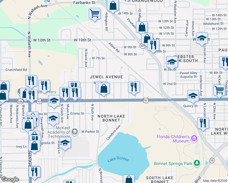 map of restaurants, bars, coffee shops, grocery stores, and more near 1025 Roselle Avenue in Lakeland