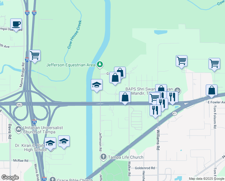 map of restaurants, bars, coffee shops, grocery stores, and more near 9250 East Fowler Avenue in Thonotosassa