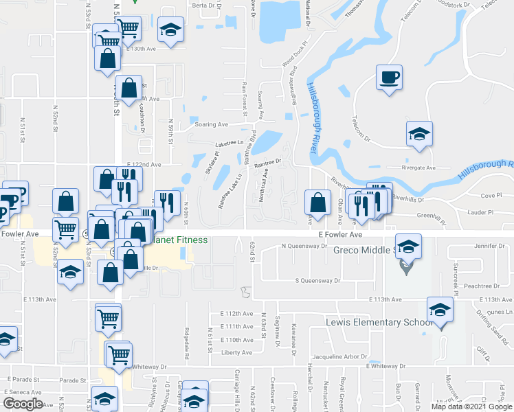 map of restaurants, bars, coffee shops, grocery stores, and more near 11801 Raintree Drive in Temple Terrace