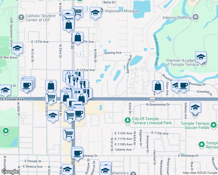 map of restaurants, bars, coffee shops, grocery stores, and more near 11714 Raintree Village Boulevard in Temple Terrace
