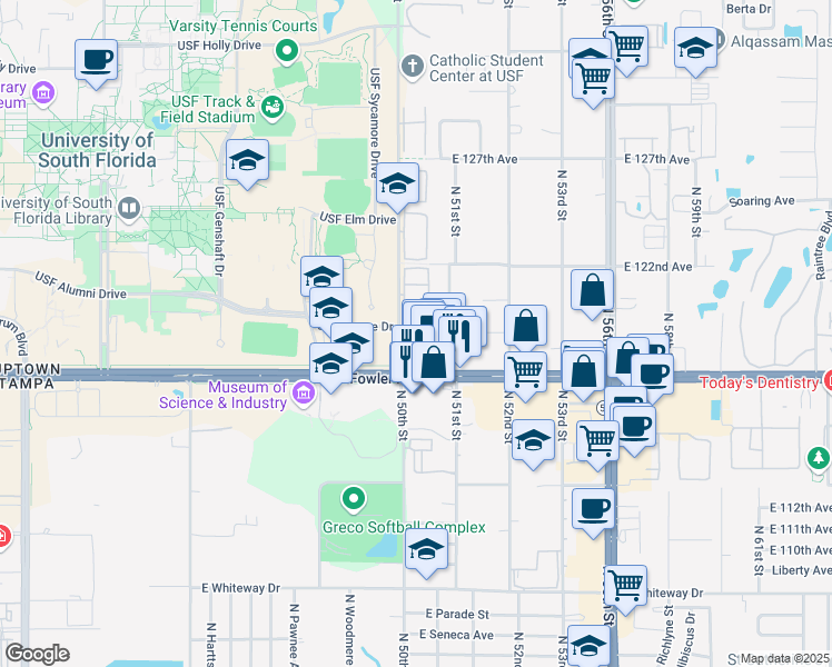 map of restaurants, bars, coffee shops, grocery stores, and more near 11711 North 50th Street in Tampa