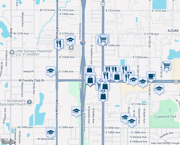 map of restaurants, bars, coffee shops, grocery stores, and more near 709 East 119th Avenue in Tampa