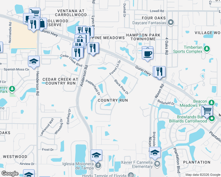 map of restaurants, bars, coffee shops, grocery stores, and more near 12423 Hidden Brook Drive in Tampa