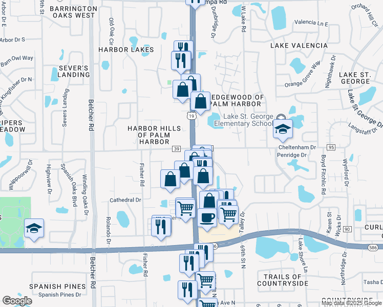 map of restaurants, bars, coffee shops, grocery stores, and more near 31177 US Highway 19 North in Palm Harbor