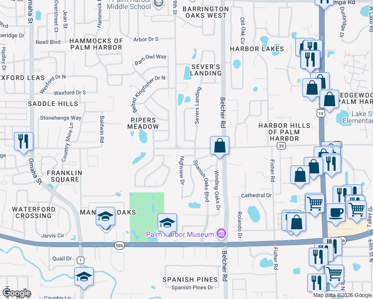 map of restaurants, bars, coffee shops, grocery stores, and more near 86 County Road 39 in Palm Harbor
