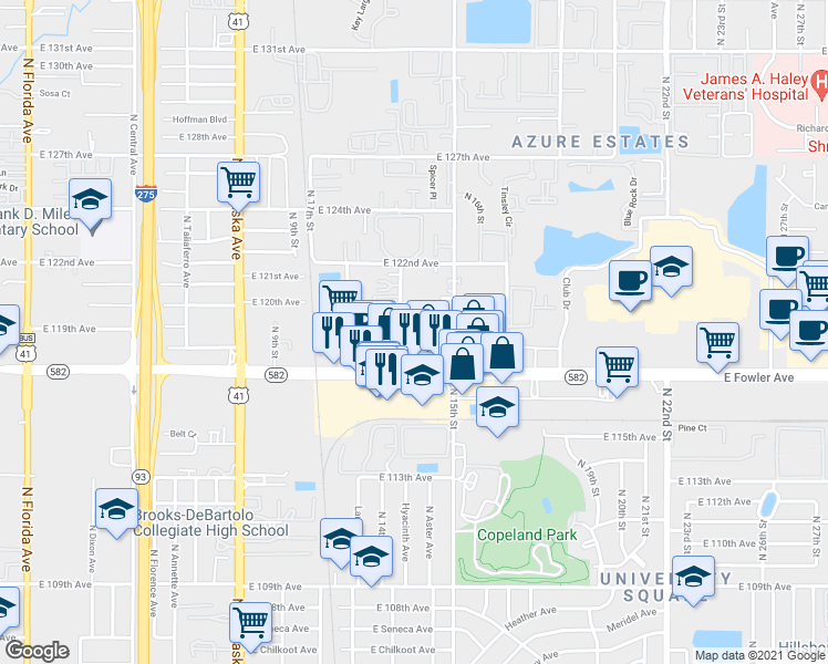 map of restaurants, bars, coffee shops, grocery stores, and more near 11715 North 14th Street in Tampa