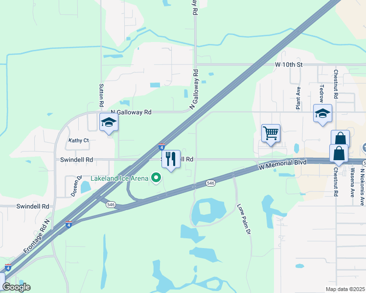 map of restaurants, bars, coffee shops, grocery stores, and more near 3355 Swindell Road in Lakeland