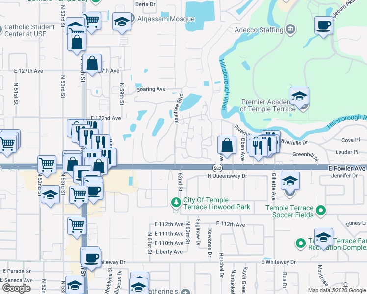map of restaurants, bars, coffee shops, grocery stores, and more near 11721 Raintree Drive in Tampa
