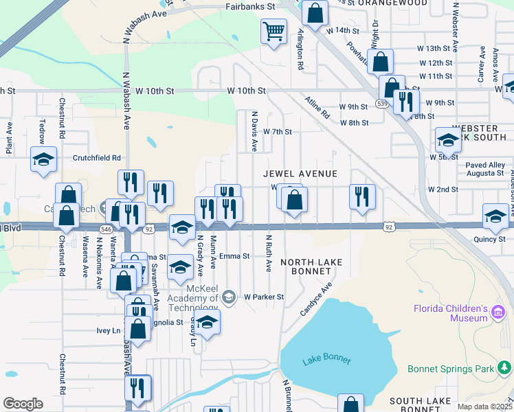 map of restaurants, bars, coffee shops, grocery stores, and more near 1038 North Davis Avenue in Lakeland