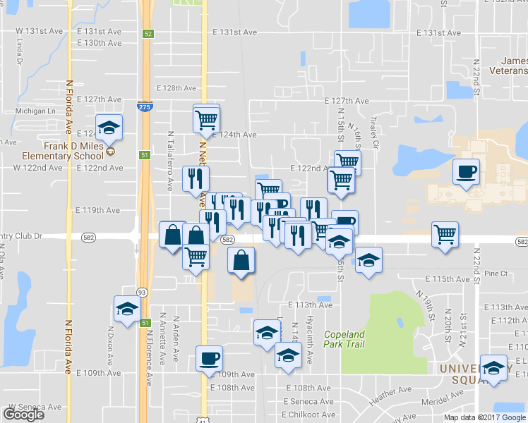 map of restaurants, bars, coffee shops, grocery stores, and more near 1106 East Fowler Avenue in Tampa