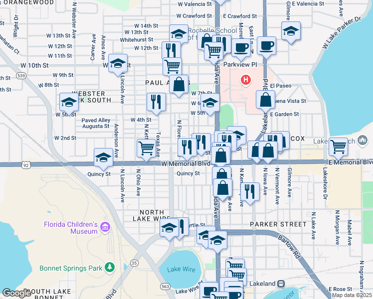 map of restaurants, bars, coffee shops, grocery stores, and more near 1028 North Virginia Avenue in Lakeland
