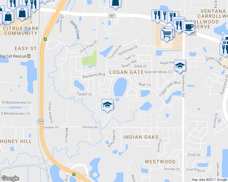 map of restaurants, bars, coffee shops, grocery stores, and more near 12509 Mondragon Drive in Tampa